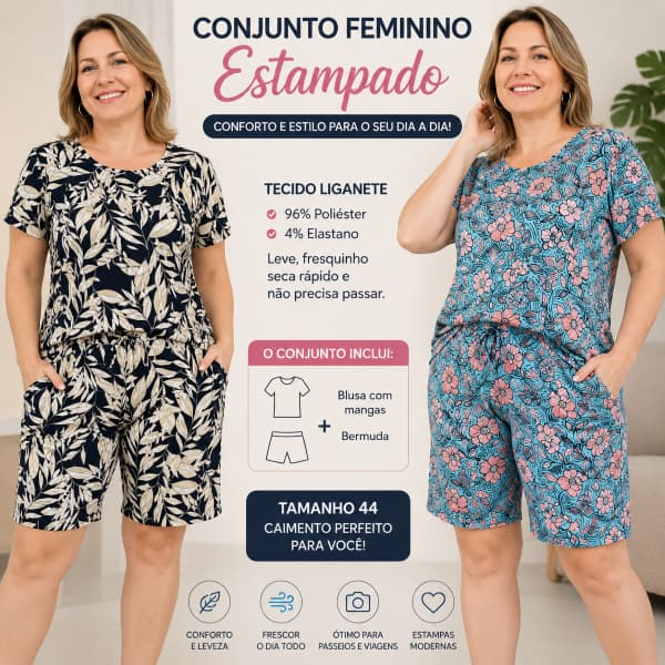 Conjunto Feminino Estampado Senhoras e Senhoritas Bermuda, Blusa ou Camiseta