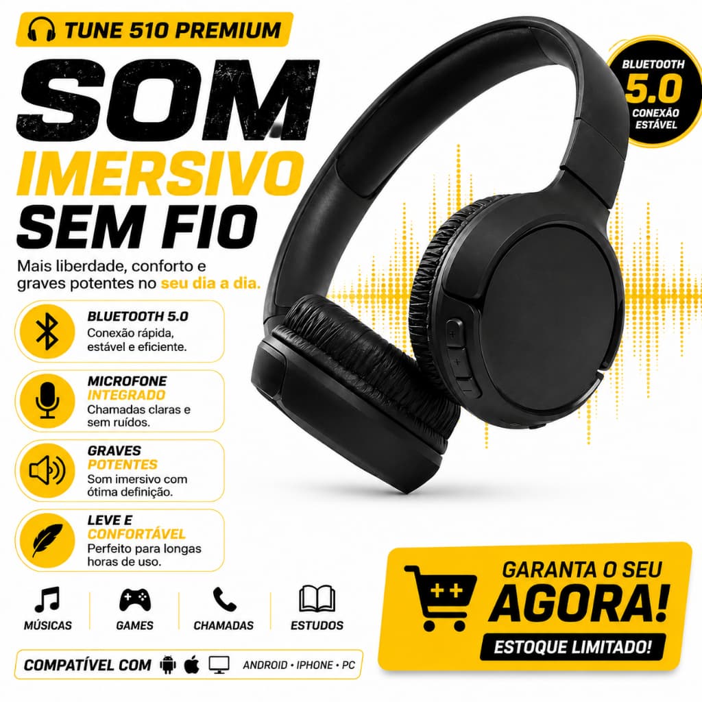 Fone Bluetooth Sem Fio Tune 510 Premium Preto Headphone Gamer Com Microfone Bluetooth 5.0