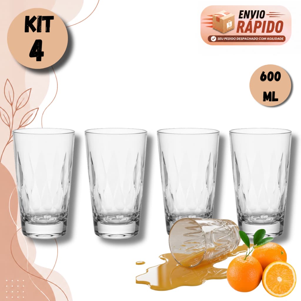 Kit 4 Copo 600ml Resistente Ao Impacto Similar Ao Vidro Para Cozinha Festa Drink Suco Água