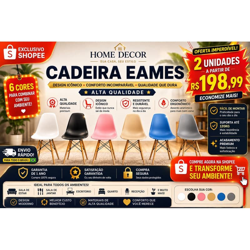 Kit 2Cadeira Charles Eames DKR Eiffel com Base de Madeira