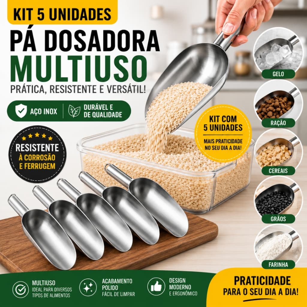 kit 3 ou 2 Pá Dosadora Multiuso Inox Para Gelo Cereais Grãos Mantimentos Cozinha