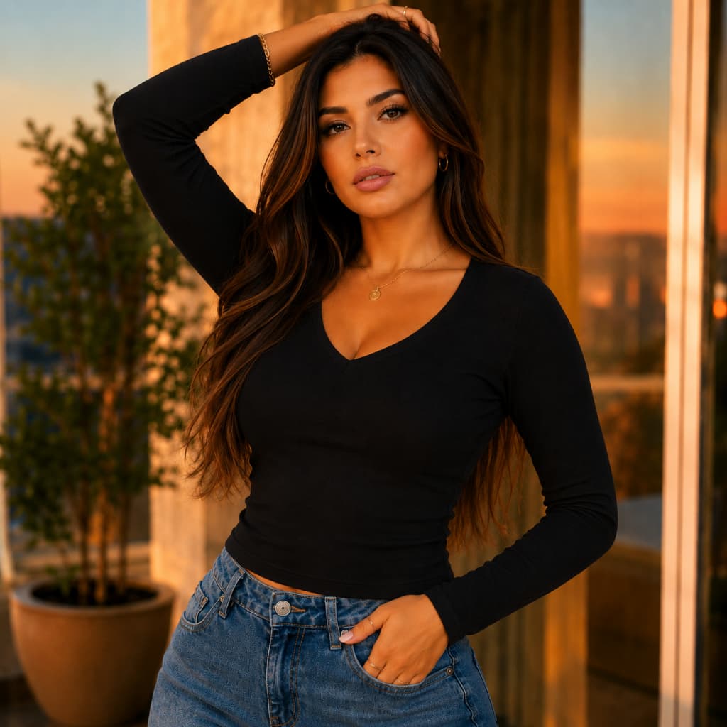 Blusa Feminina Decote V Manga Longa Moda Inverno Segunda Pele Outono Basico