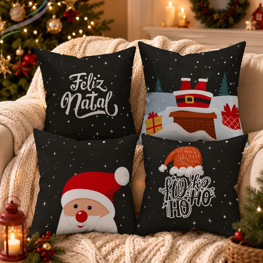 Kit Com 4 Capas de Almofadas Natal Natalinas Estampadas 45x45 Papai Noel Moderna Decorativa