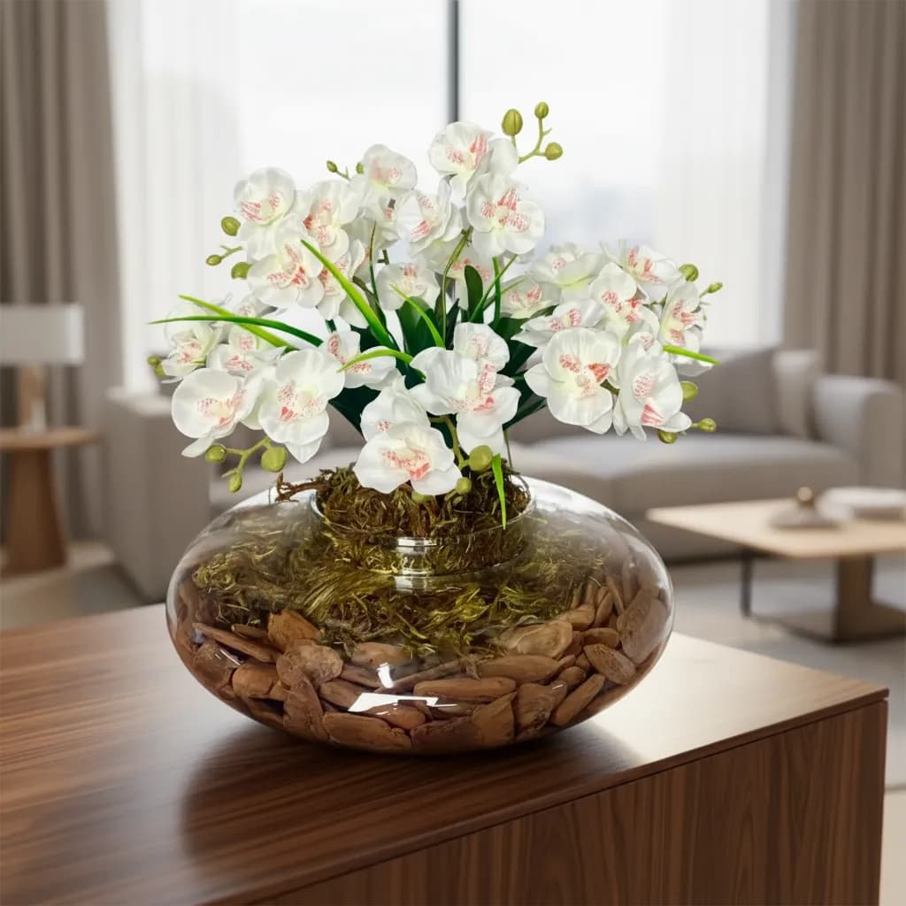 ARRANJO BUQUE DE ORQUIDEAS ARTIFICIAIS  VASO DE VIDRO