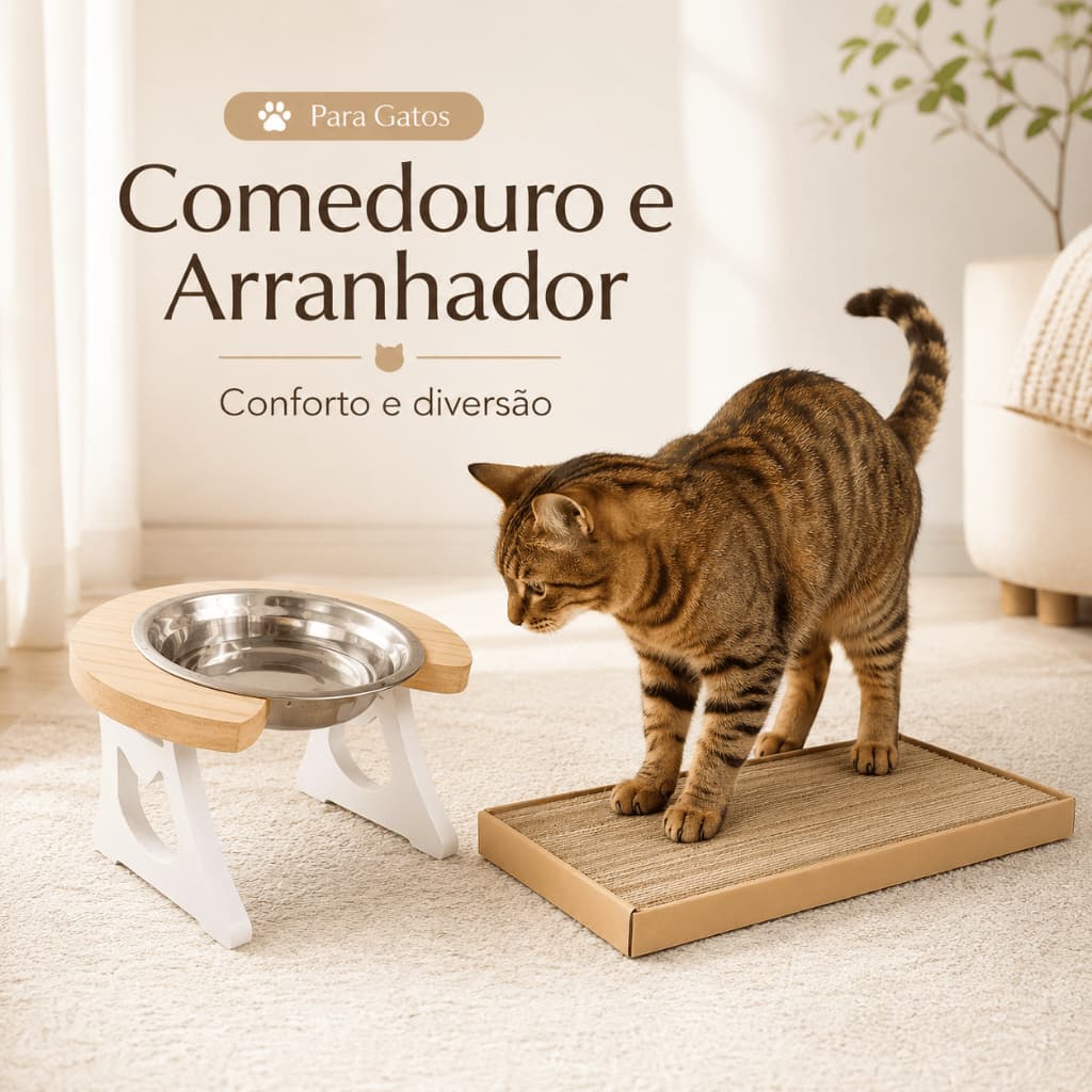 Comedouro Elevado Para Gatos Com Tigela Inox E Arranhador