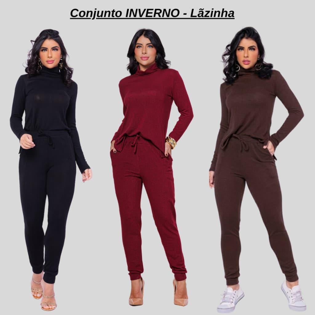 Conjunto Inverno Feminino Lãzinha Calça e Blusa Gola Alta  2 Peças Quentinho Casual Moderno