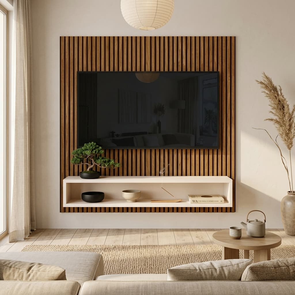 Painel Para Tv Sala/Quarto Até 50 Polegadas PLAY Ripado Off Casa Com Prateleiras e Nichos
