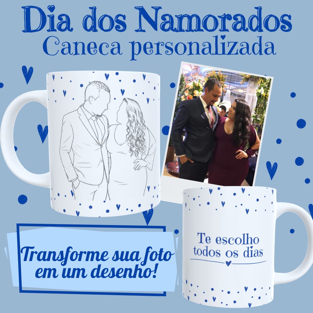 Caneca Desenho Casal 325ml | Transforme sua foto | Presente Aniversário de Namoro, Casamento, Bodas