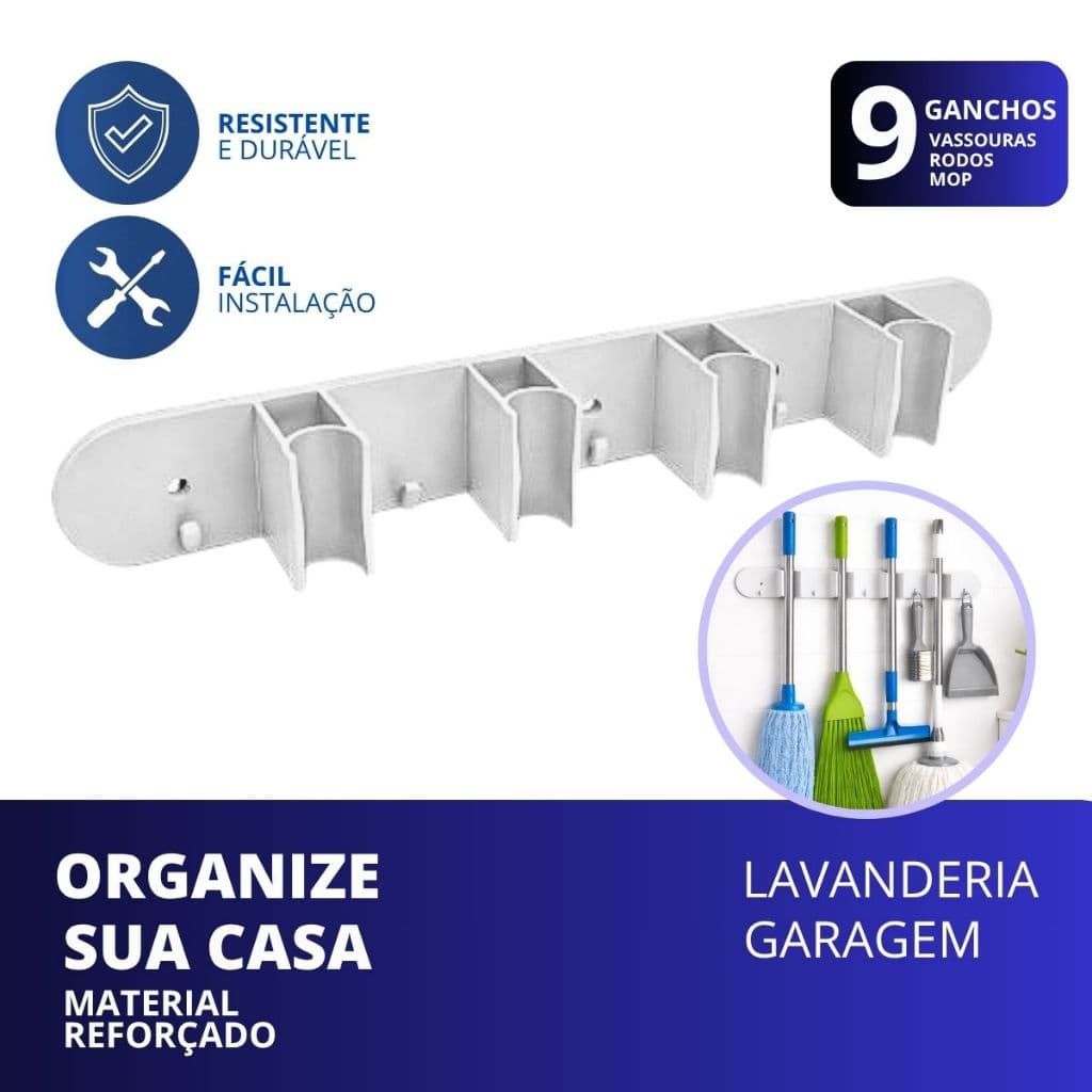 Suporte Organizador Para Vassoura Rodo Mop Parede 9 Ganchos Branco