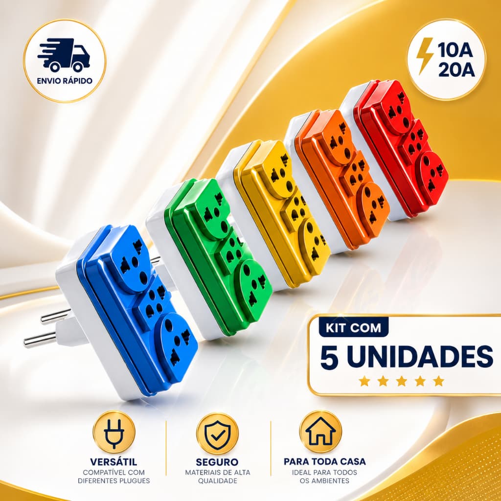 Adaptador de Tomada T Benjamim Colorido Universal 10A e 20A 3 Saídas