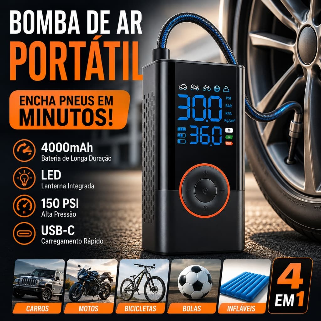 Bomba de Ar Portátil Sem Fio 4 em 1 4000mAh | Compressor com LED e Calibrador Automático