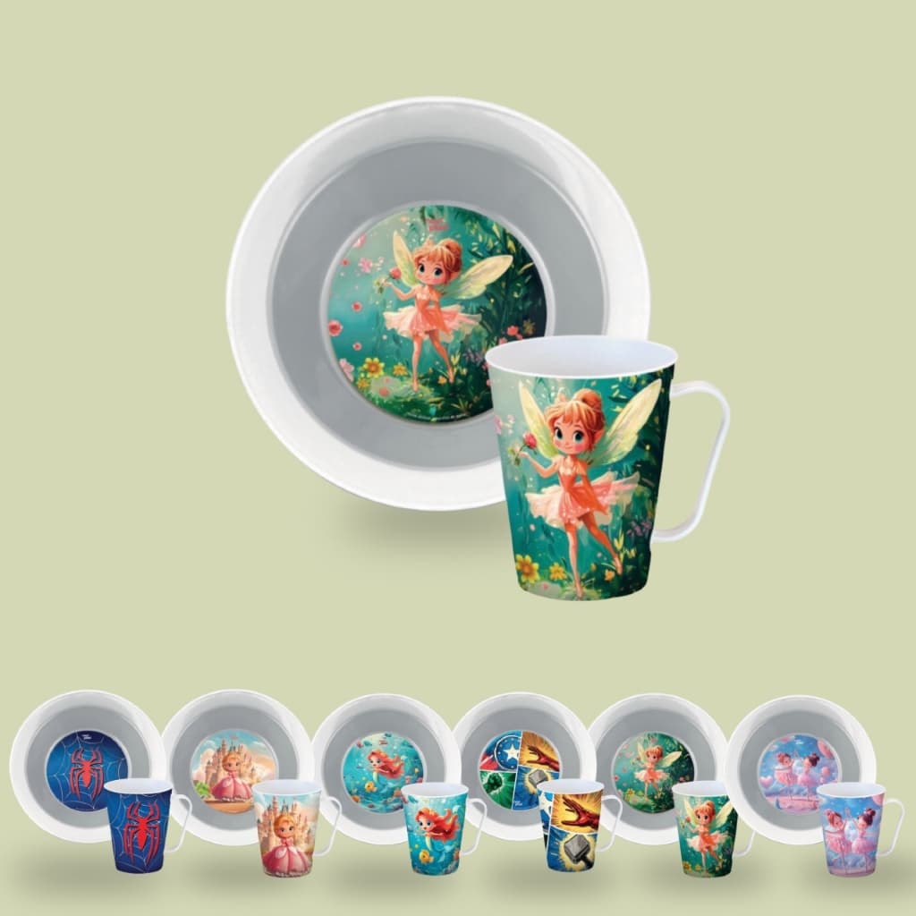 Kit Infantil Fada Encantada Prato E Caneca Plástico Menina Refeição Resistente Divertido