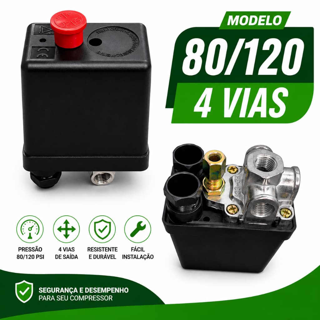 Pressostato Compressor De Ar Automático Botão 80-120 4 Vias