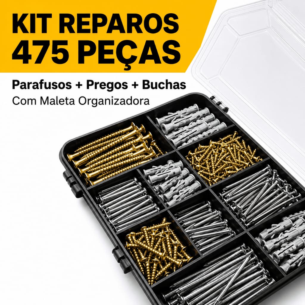 Kit Reparos 475 Peças Parafusos Pregos Buchas com Maleta Organizadora