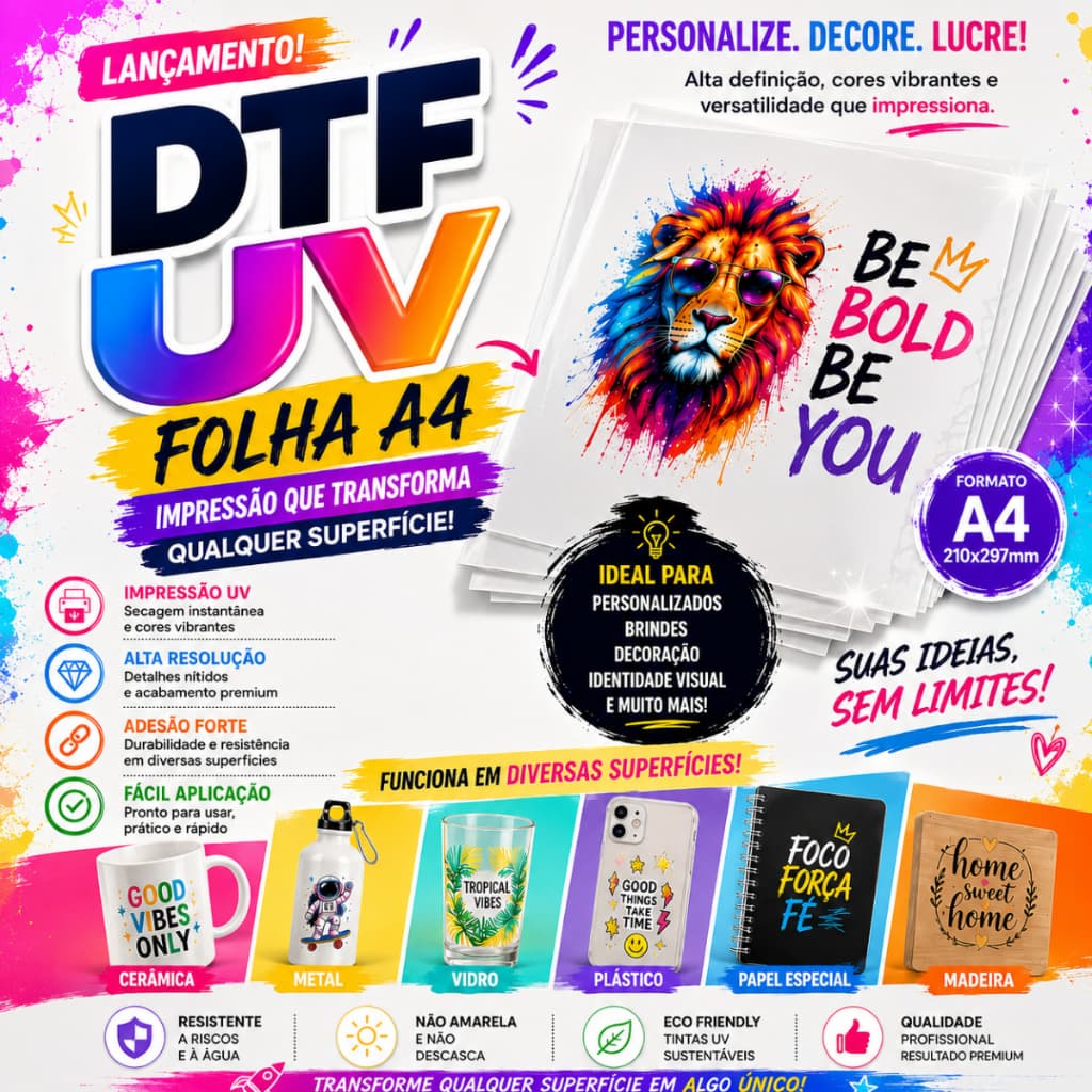 Folha DTF UV A4 | Adesivo UV A4 com Verniz | Enviar arquivo no e-mail