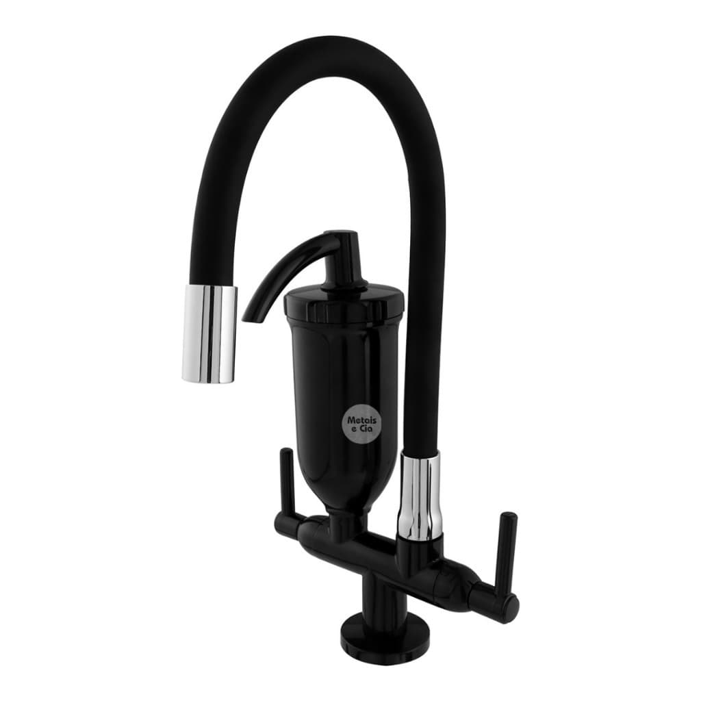 Torneira Cozinha Parede com Filtro e Tubo Silicone Flexível Preto 1/4 de Volta