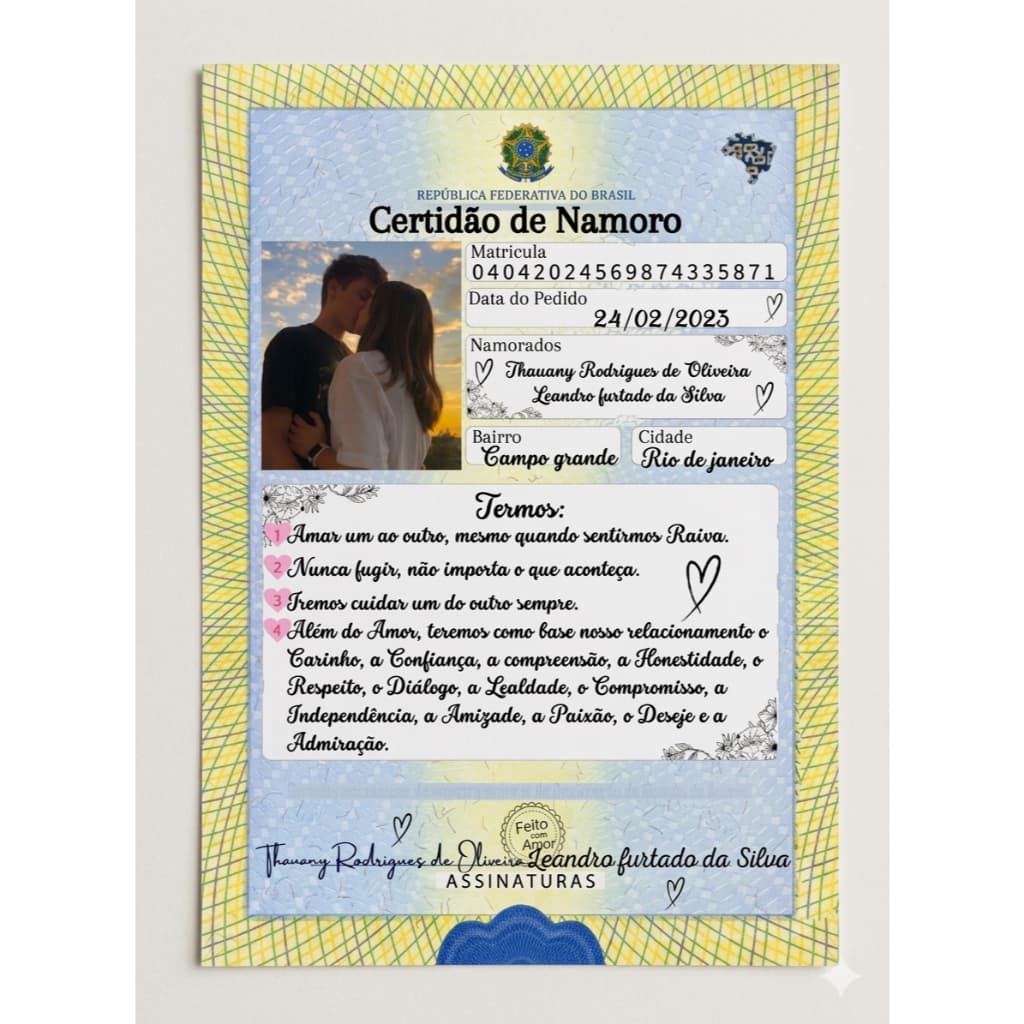 Certidão de namoro | Presente personalizado | Dia dos namorados