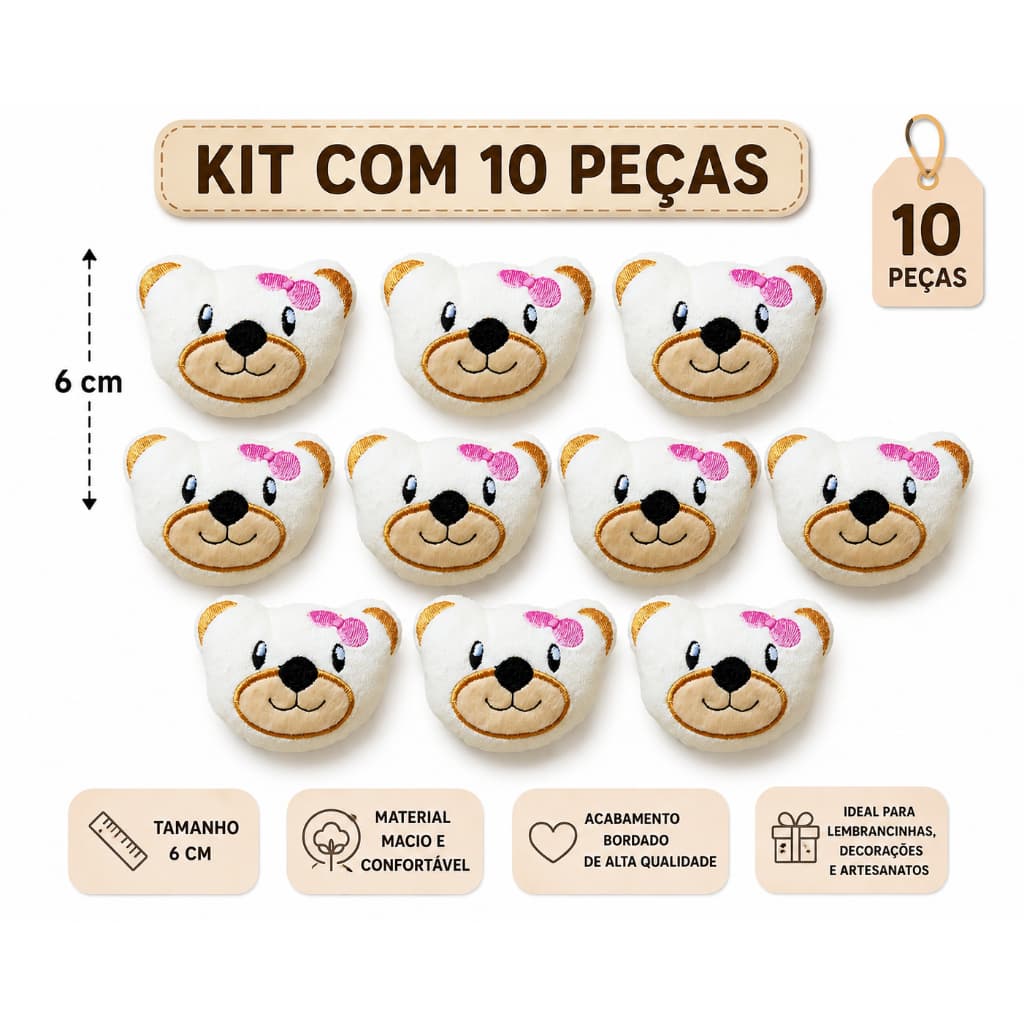 KIT CABECINHA DE URSO PARA NANINHA E CHAVEIRO  BORDADO 10 PEÇAS