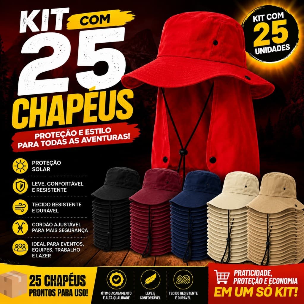 Kit com 25 Chapéus Australianos UV Aba Larga com Proteção de Pescoço para Pesca, Camping, Trilha e Aventuras Outdoor