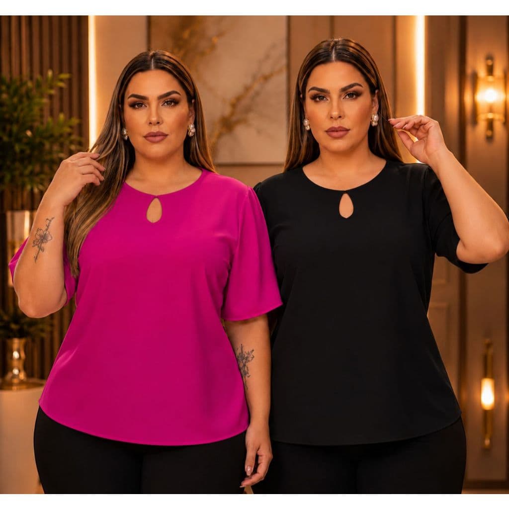 Kit 2 blusas tamanho grande gola redonda manga curta casual básica confortável tendência dia-a-dia