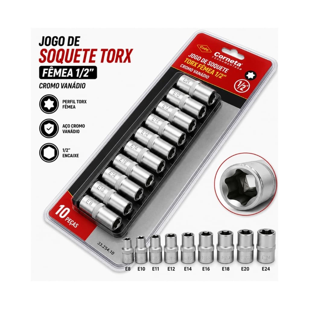 Jogo De Soquete Torx Fêmea 1/2 Cromo Vanádio E8 - E24 10 Pçs