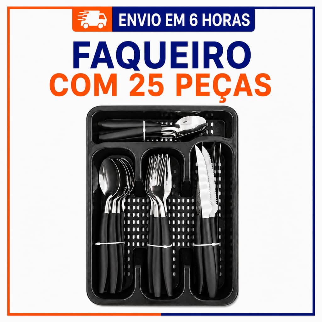 Jogo de Talheres 25 Peças Cabo de Plástico Aço Inox Conjunto Faqueiro com Porta talhete
