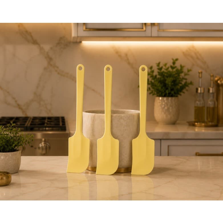Kits com  03 Espátula Silicone platinado resistente ao calor para cozinhar fritar, bordas chanfradas flexíveis Amarelo