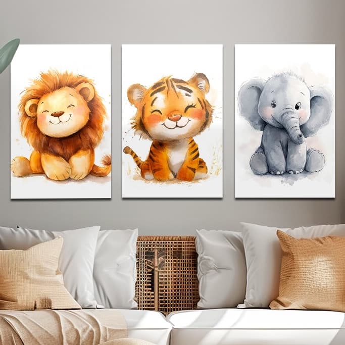 Kit De Quadros Safari Para Quartos De Criança Animais Delicados 3 Peças Decoração Infantil (SAFARI)