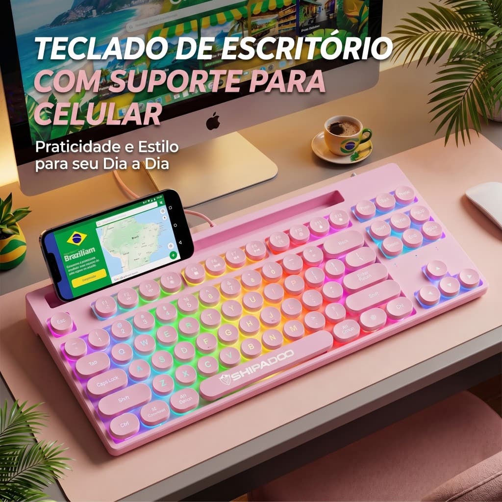 Teclado Ergonômico Para Trabalho Home Office E Escritório RGB 87 Teclas Com Fio Compacto Compatível com Notebook e PC