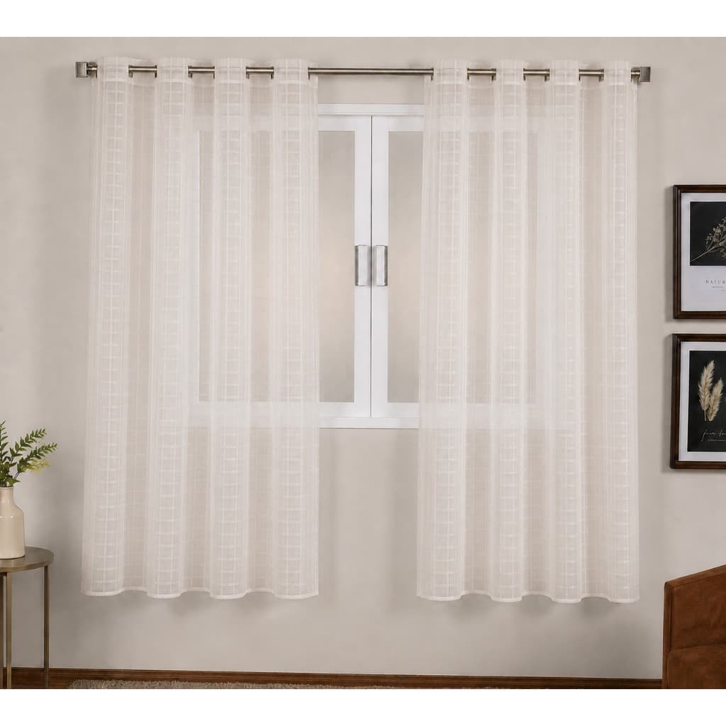 Cortina Voil Xadrez 2,50 x 1,30m Para Varão Simples Janela Pequena Ilhos Cromado