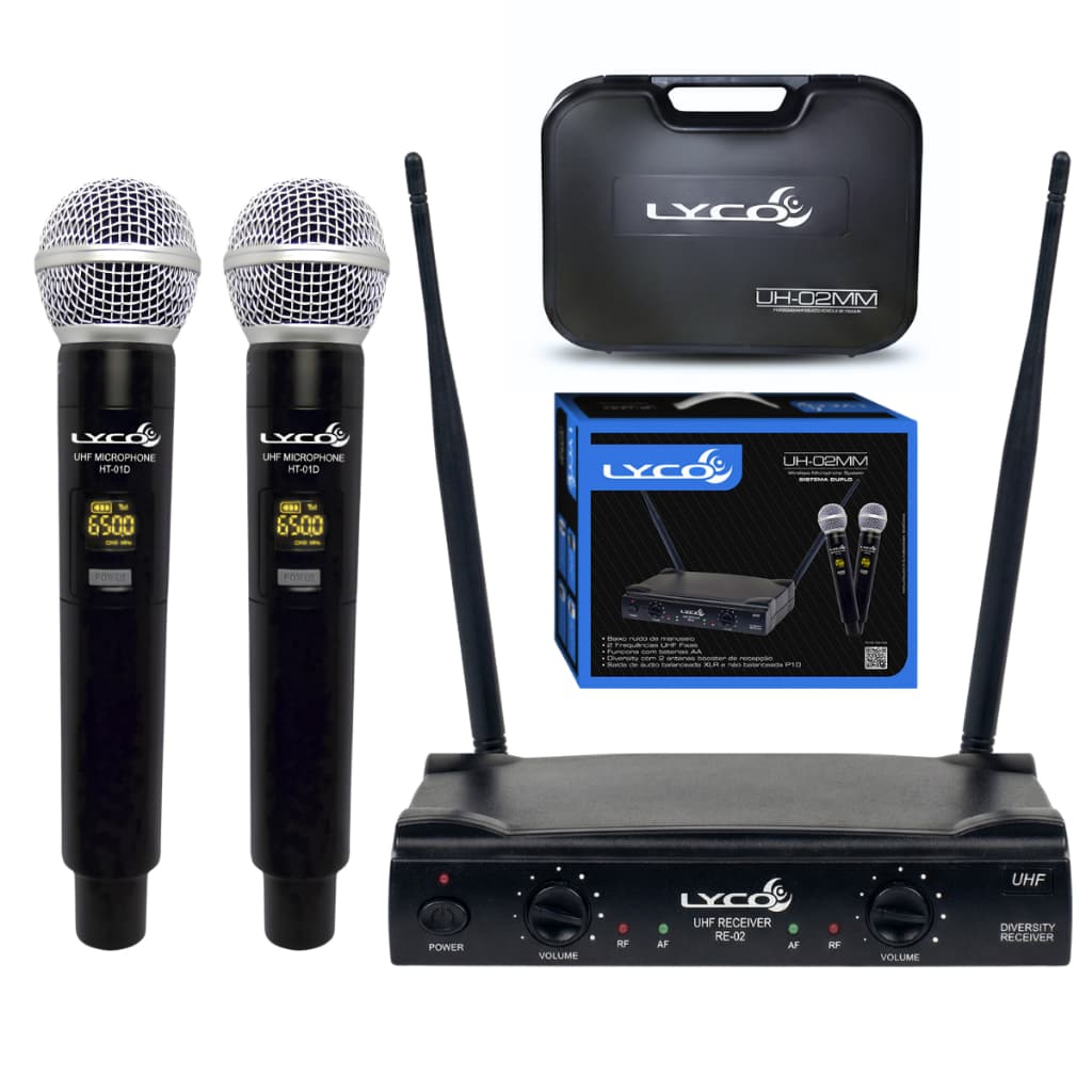 Microfone sem Fio De Mão Preto Sistema Duplo Dinâmico UH02MM UHF Profissional 2 Microfones Lyco