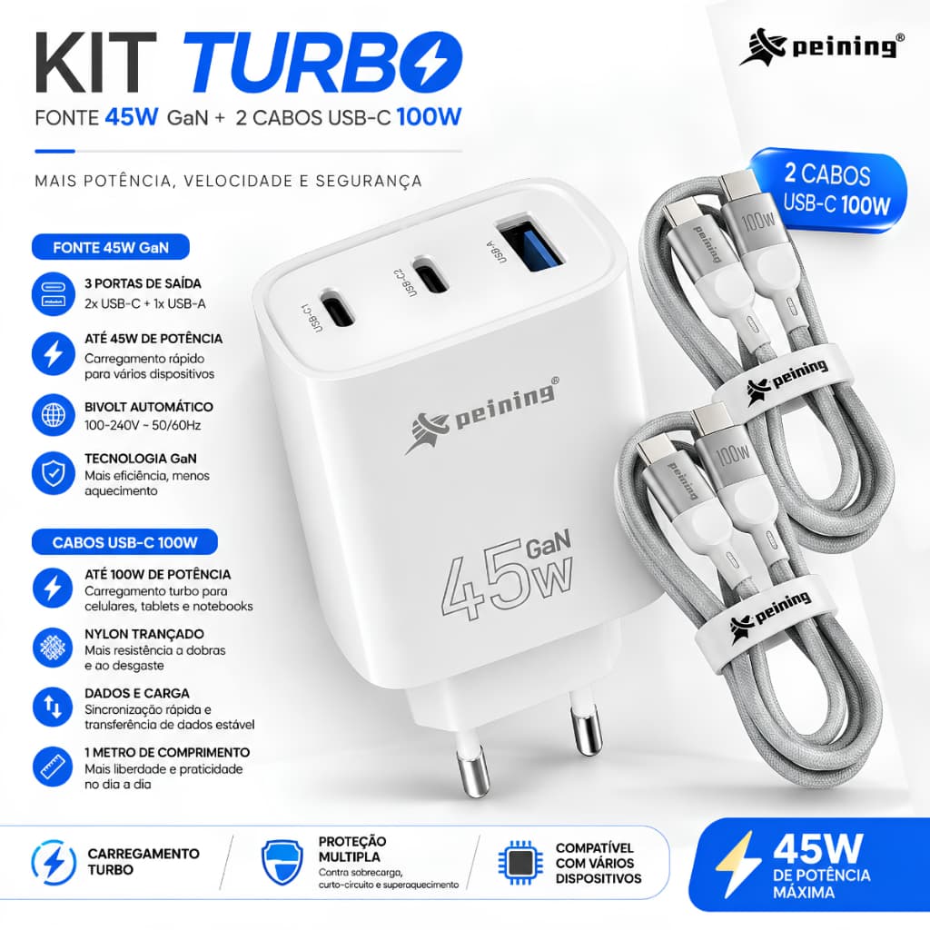 Kit 2 Cabos Usb-c 100w Turbo + Fonte 45w Turbo Gan 3 Em 1 Branco