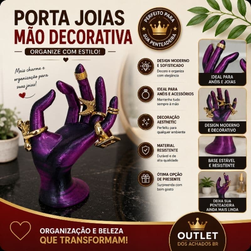 Porta Joias Mão Decorativa Suporte Para Anéis Organizador Aesthetic Roxo