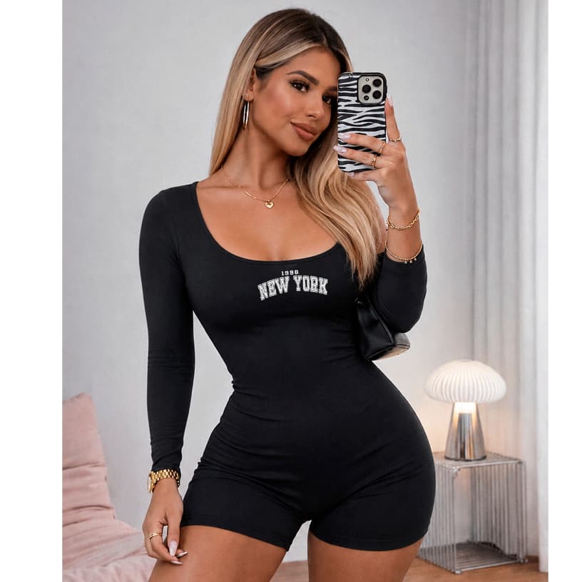 Macacão Feminino Manga Longa Suplex Estampado Moda Fitness Academia