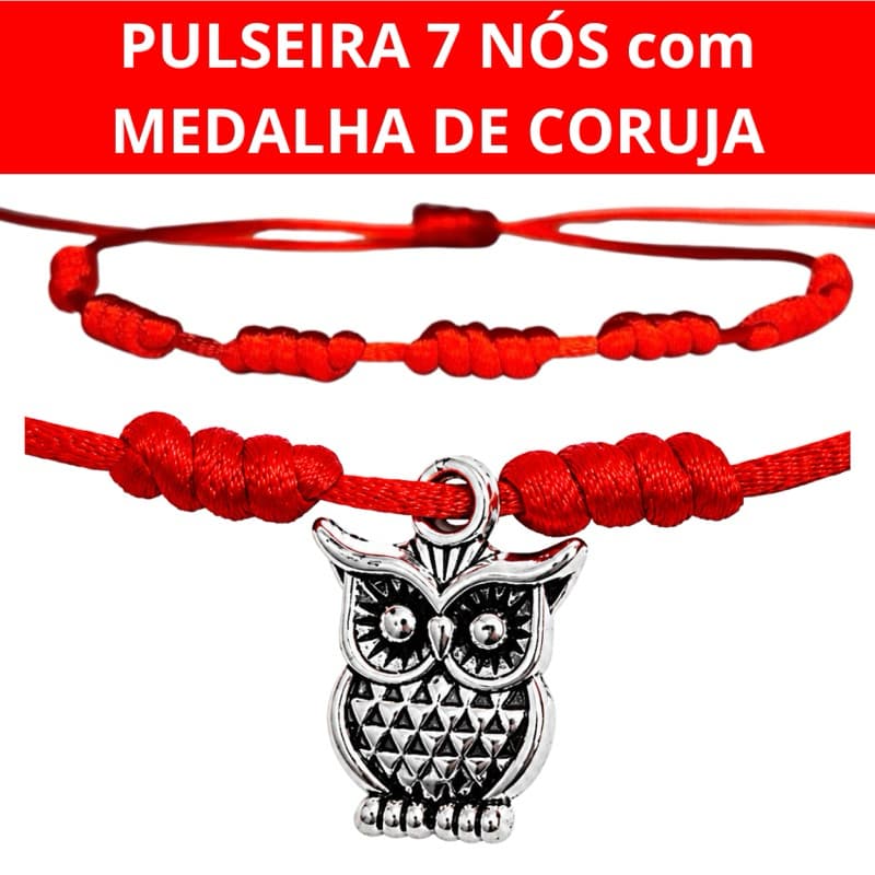 PULSEIRA 7 NÓS COM MEDALHA DE CORUJA , PULSEIRA KABBALAH VERMELHA CONTRA INVEJA E MAL OLHADO