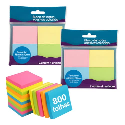 8 Bloco De Notas Adesivo 38x50mm Postit 800 Folhas Coloridas