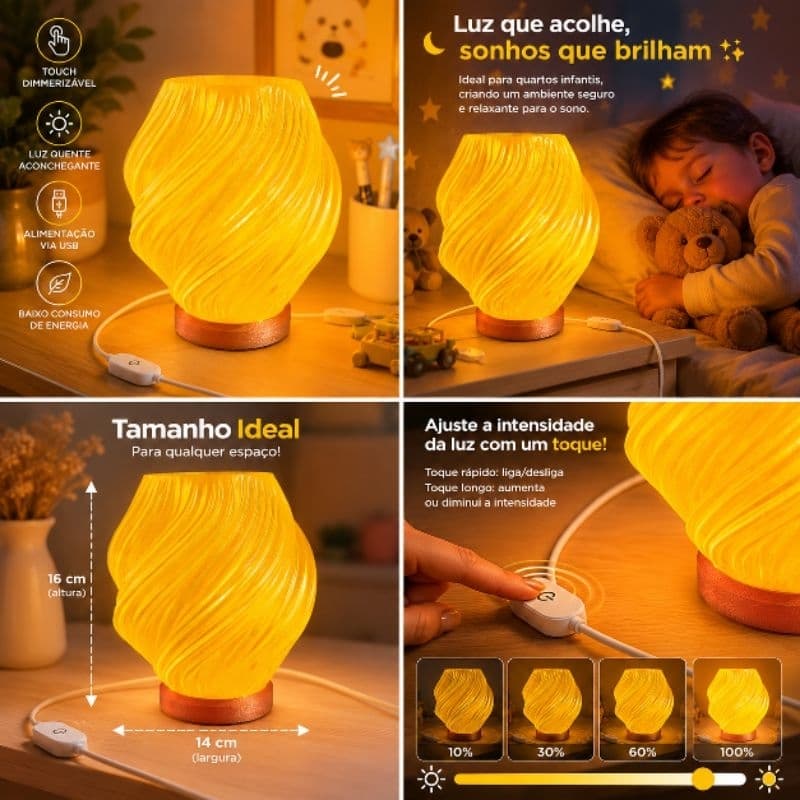 Abajur LED Touch Dimerizável USB Luz Quente Decorativo Quarto Infantil Mesa Cabeceira 16cm