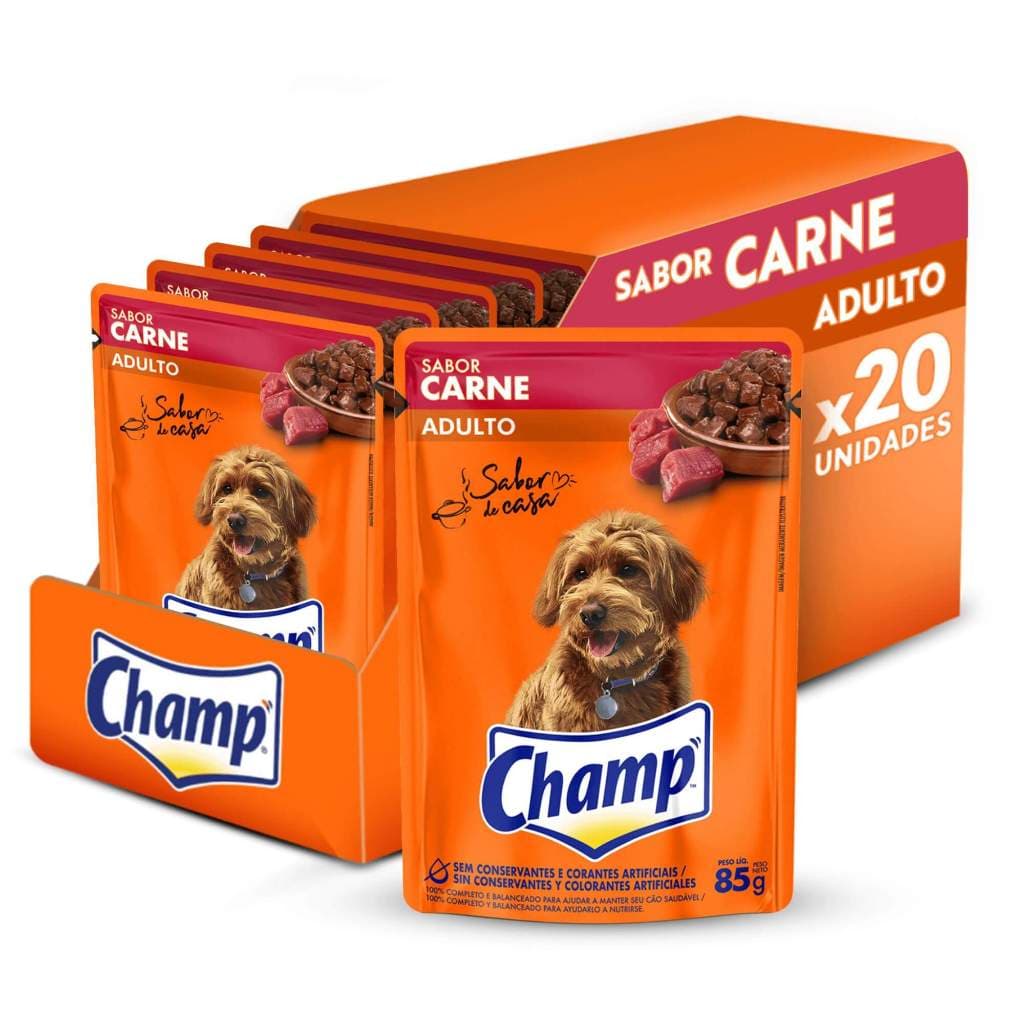 RAÇÃO UMIDA SACHÊ CHAMP CARNE PARA CÃES 85G - CAIXA COM 20 UNIDADES