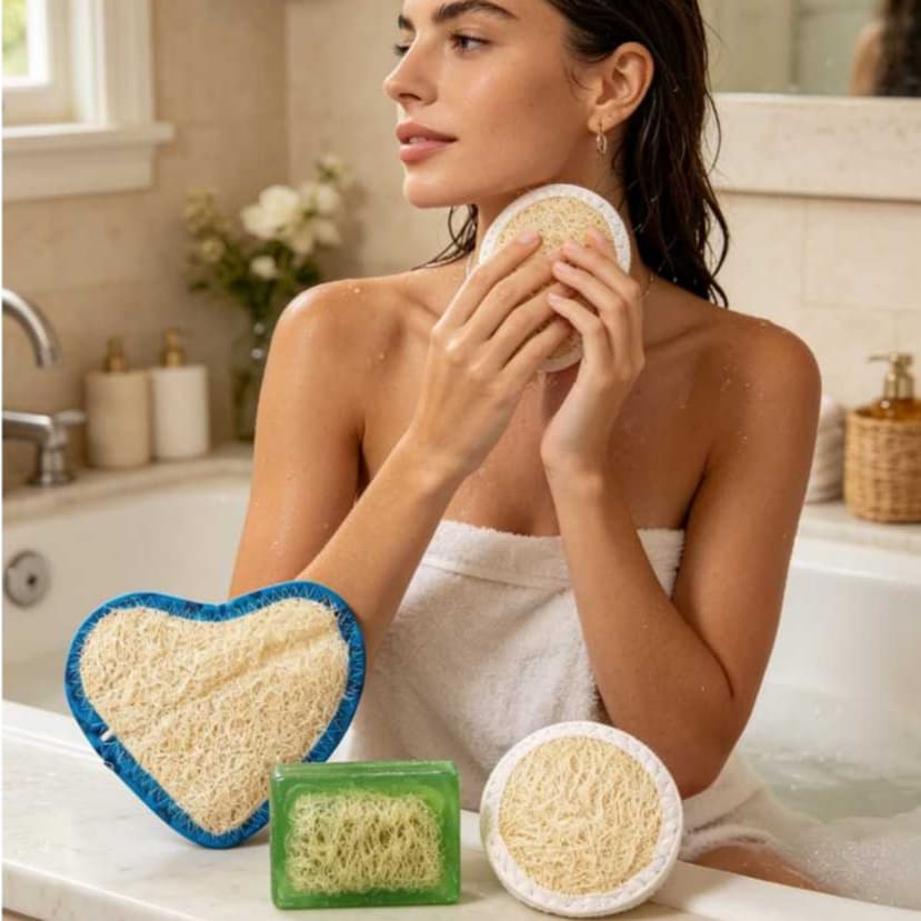 Kit Spa Completo: Banho Bucha Vegetal Coração + Esponja Rosto + Sabonete Glicerina Natural Presente Cuidado Diário