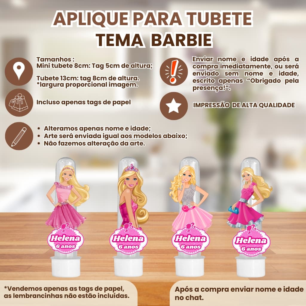 Apliques para Mini Tubete 8cm ou Tubete 13cm 3d Tema barbie | Tag Personalizado com Nome e Idade aniversário