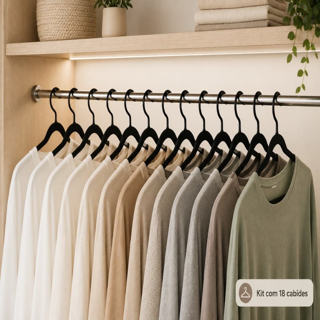 Cabides Pretos Resistentes 40cm | Kit com 18 para Guarda-Roupa Organizado
