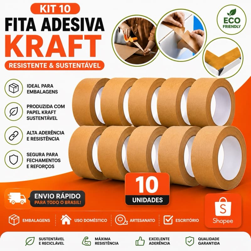 Kit 10 Fitas Kraft Marrom 48mm x 20m Alta Resistência Prova D’Água Ideal Para Embalagens BOM-1348