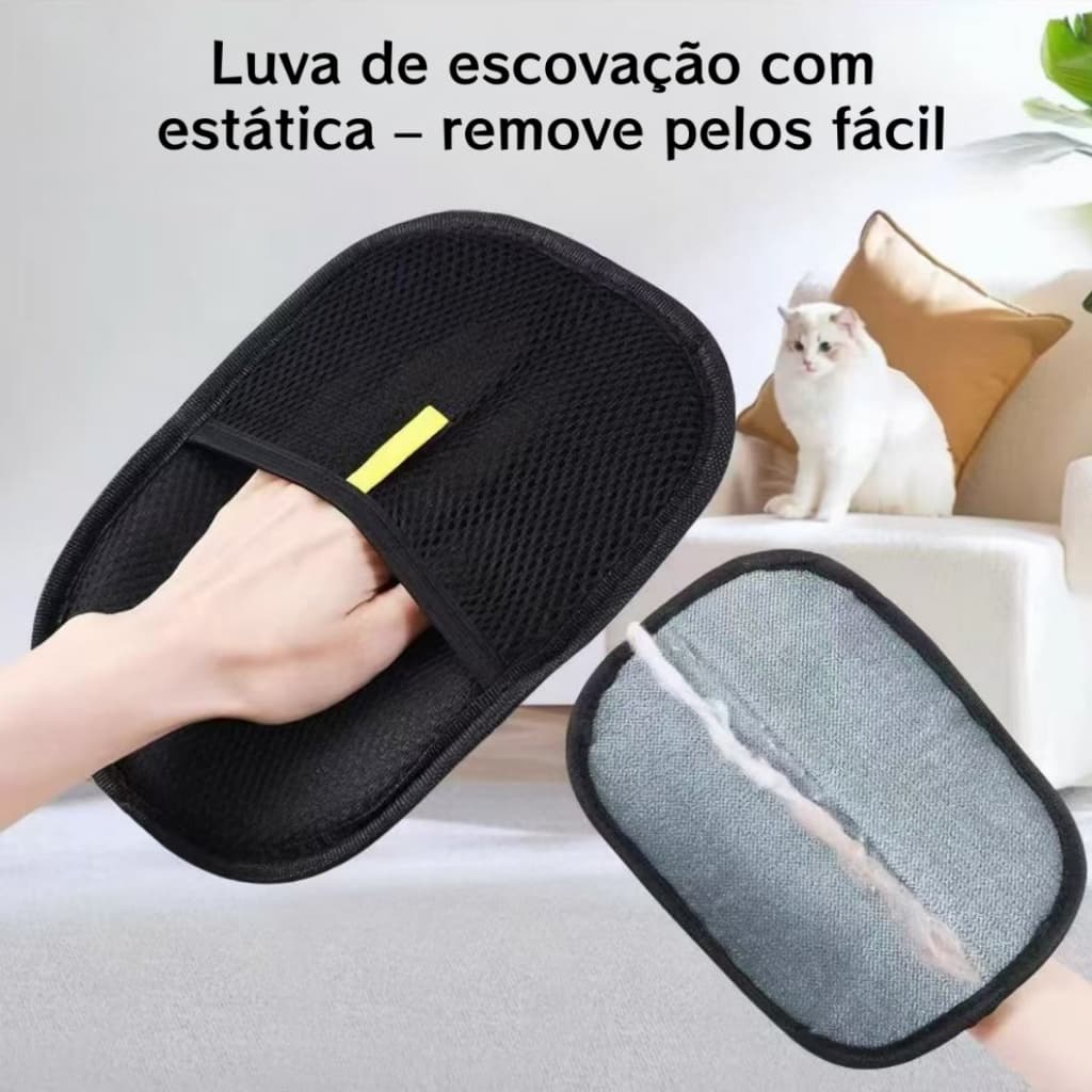 Removedor de Pelos c/ Estática – Luva 2 em 1 Escova Dupla Face – Para Pets e Roupas – Envio Nacional