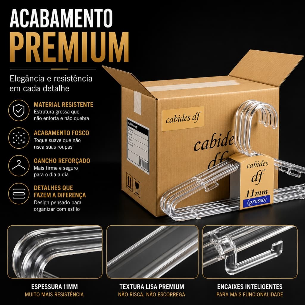 Cabide Acrílico Cristal 11mm Grosso Transparente Reforçado Adulto Premium kit 12 - 24 - 36 - 72 un