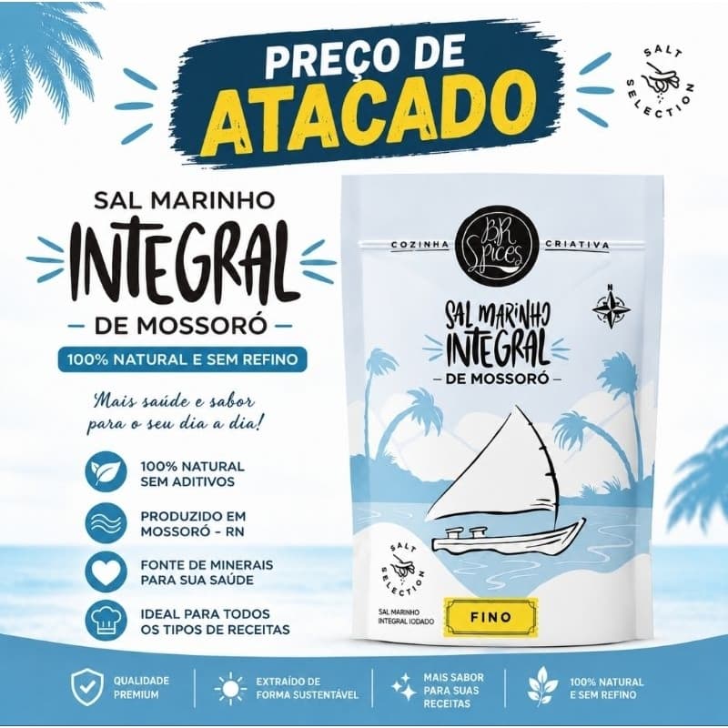 kit Sal Marinho Integral Mossoró RN 500g Grosso Natural Kit 1 2 3 5 Un Sem Glúten Sem Corante BR Spices Saudável fitness