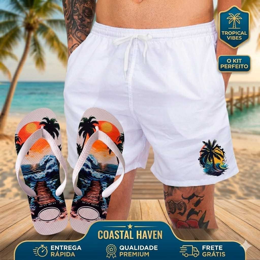 Kit Praia Masculino Short De Banho + Chinelo Estampado Por Do Sol Combo Exclusivo Lançamento Envio Rapido