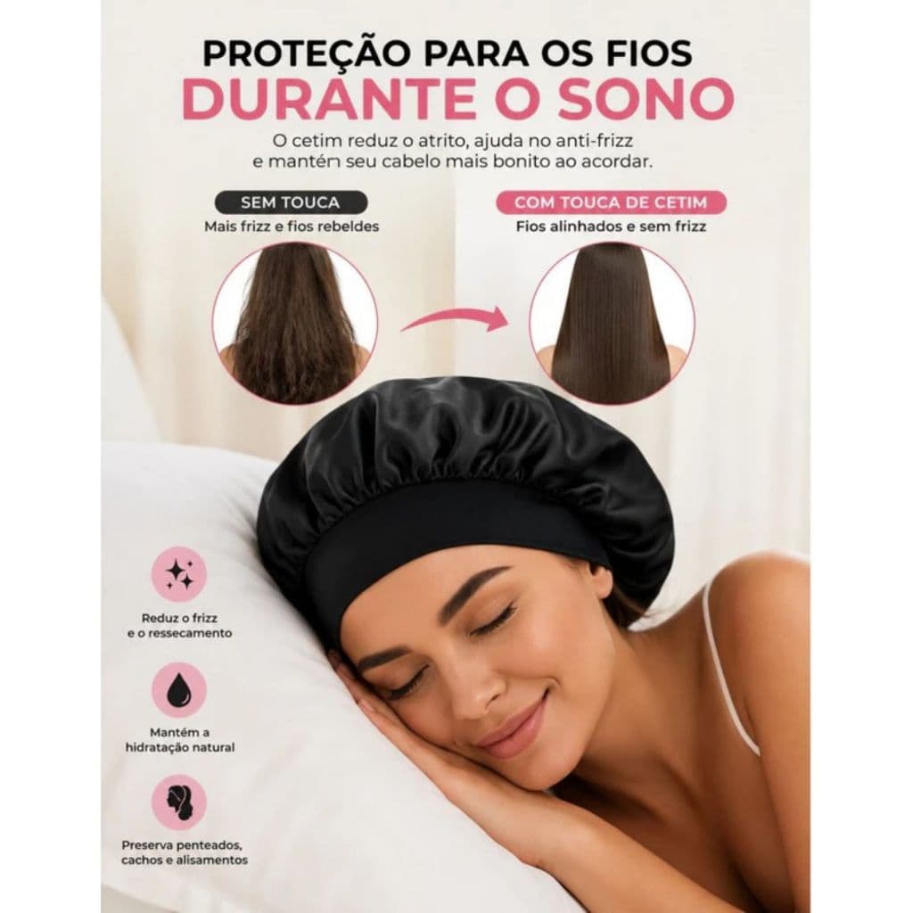 Touca De Cetim COM FAIXA - Proteja Seu Cabelo Dormindo, Garanta Seu Day After