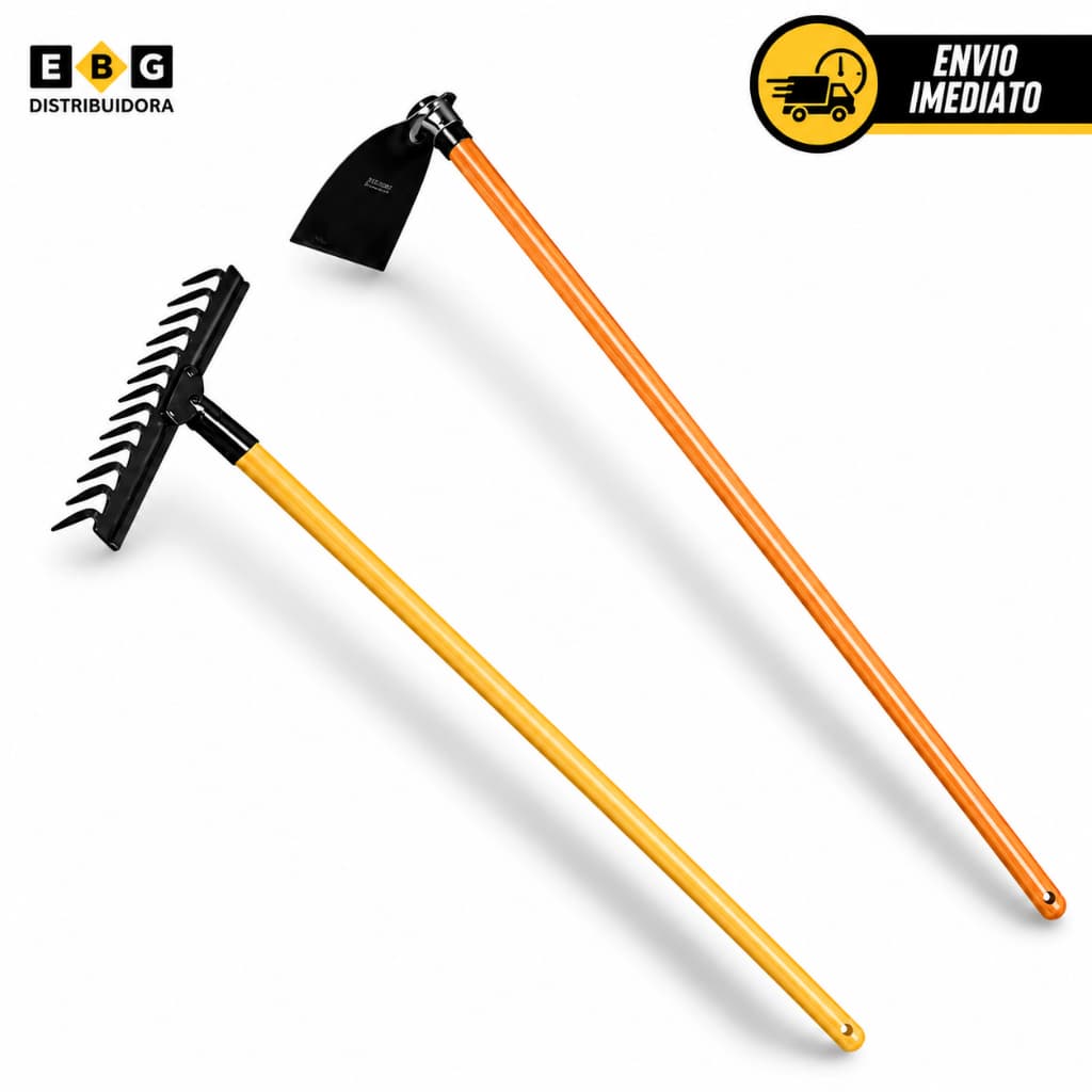 Kit Ancinho 14 Dentes Curvo + Enxada Larga Para Horta Jardim Agricultura Rural