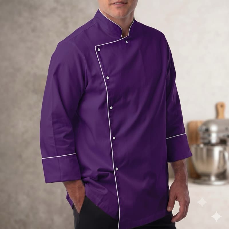 Dolmã Jaleco Chef Cozinha Oxford Roxa Manga 3/8 Botão Pressão Nome Bordado Unissex Gastronomia Restaurante Dolma Doma