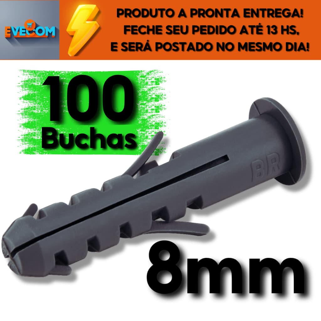 100 Peças Buchas 08mm de Fixação com Anel Para Concreto Parede Alvenaria Armarios Cantoneiras